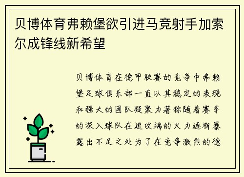 贝博体育弗赖堡欲引进马竞射手加索尔成锋线新希望